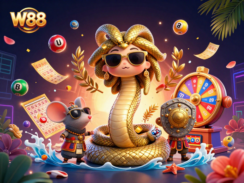 Experience the excitement of W88 online gaming with vibrant casino characters and dynamic elements.