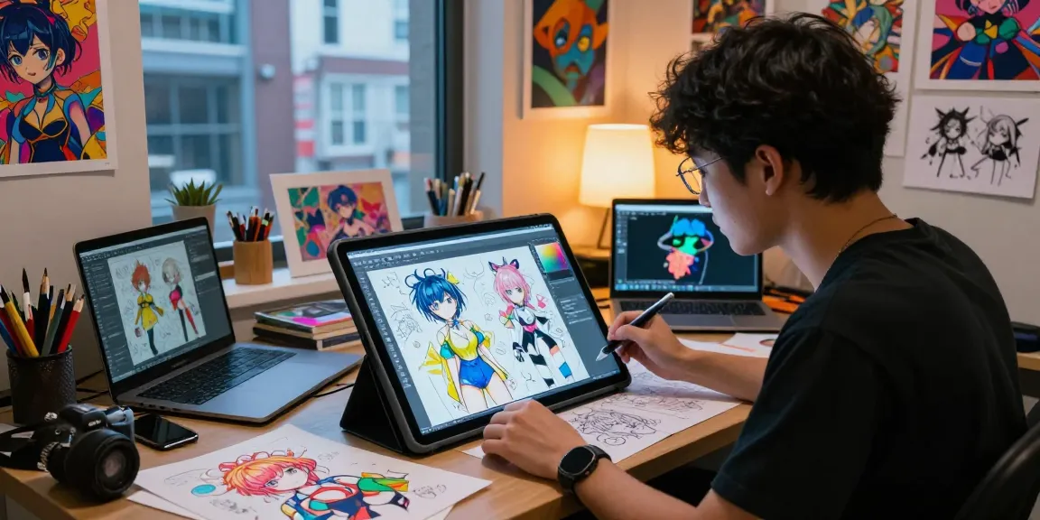 Creating ai ecchi character designs in a vibrant digital art studio